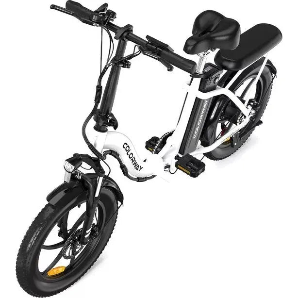White Colorway compact electric bike with black handlebars, front light, and fenders