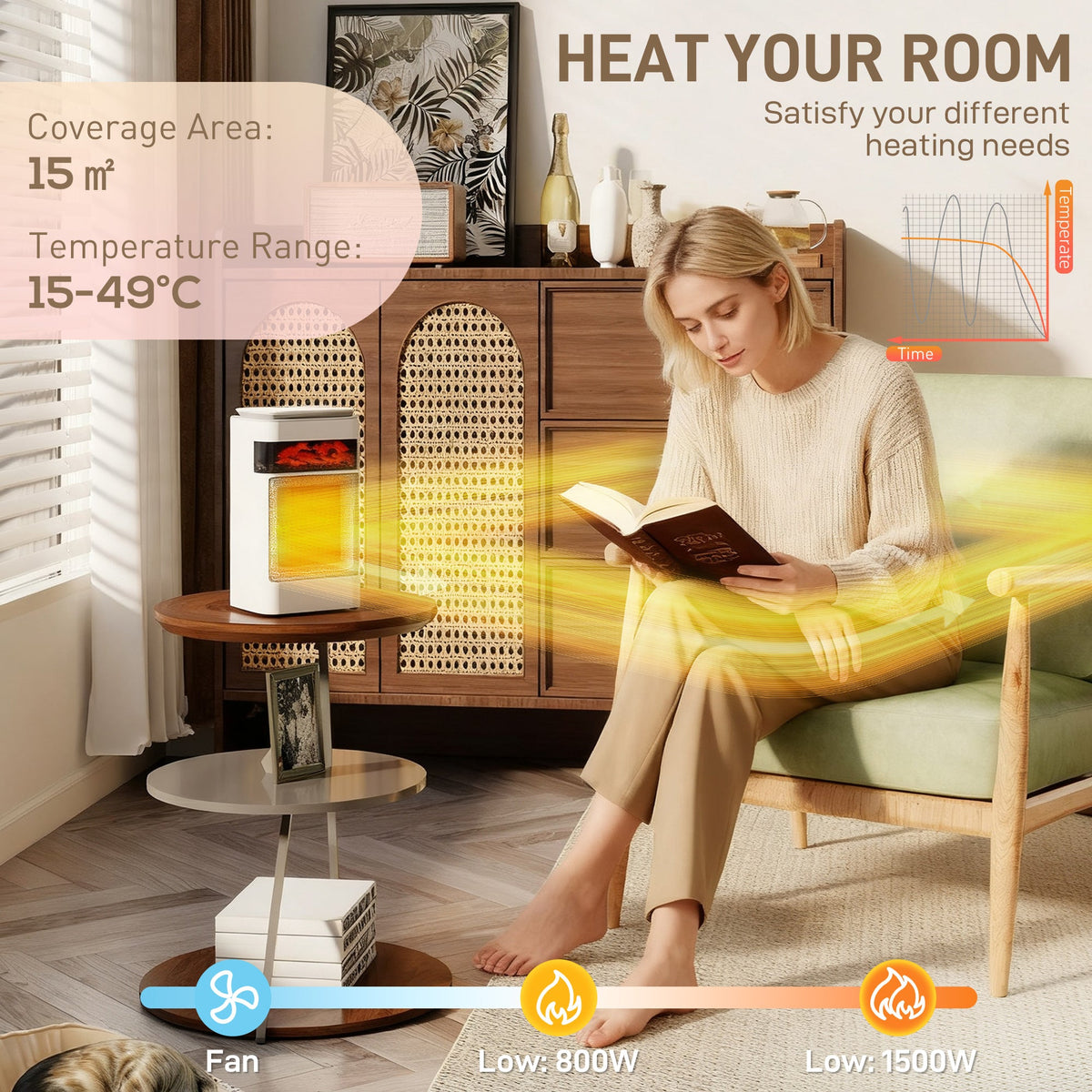 White ceramic electric space heater with visible flame effect, warming a living room area