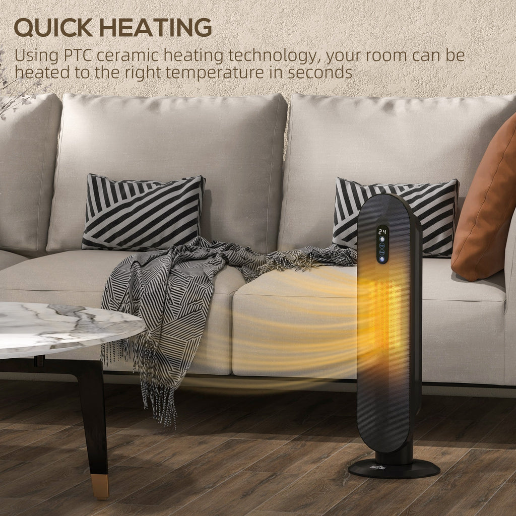 Black oscillating ceramic space heater with LED control panel, warm heat glow