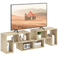 Light wood TV console with open cubbies and center media shelf, for up to 75 in TVs