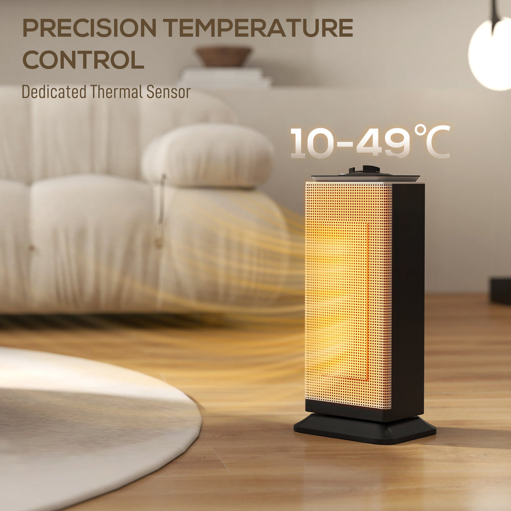 Black ceramic electric heater with glowing center element and perforated panel