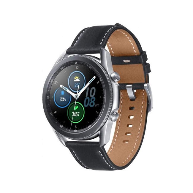 45mm Samsung smartwatch with black-and-tan leather strap and black round display