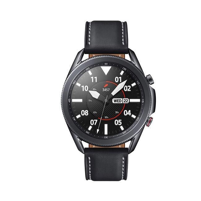 45mm Samsung smartwatch with black leather strap and black round display