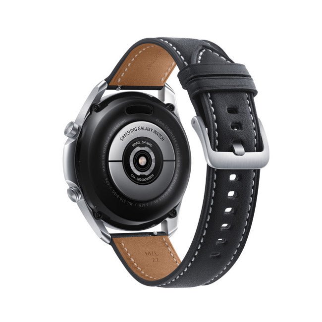 45mm Samsung smartwatch back view with black leather band and tan underside