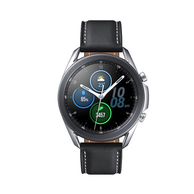 45mm Samsung smartwatch with black leather strap and black round touch display