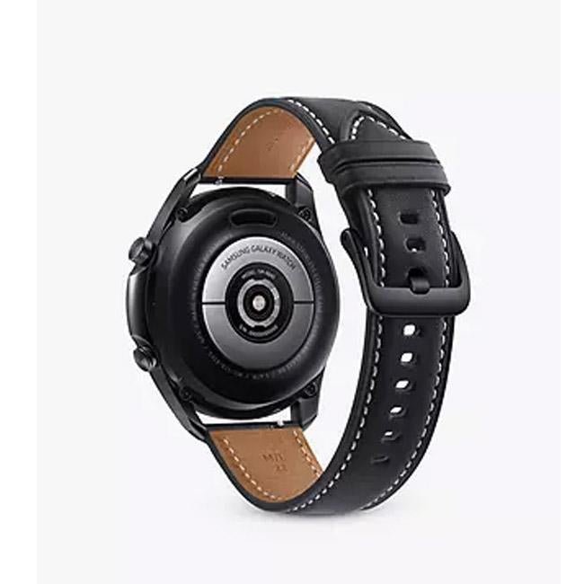 45mm Samsung smartwatch back view with black leather band
