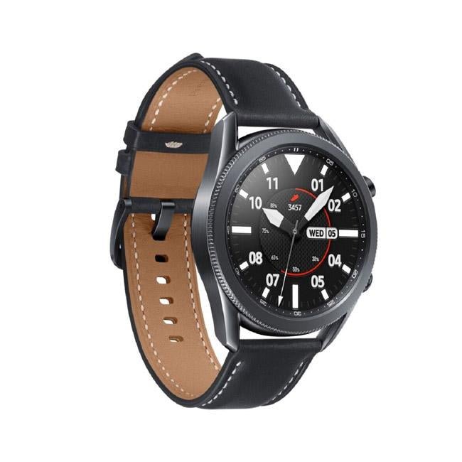 45mm Samsung smartwatch with black-and-tan leather strap and black round display