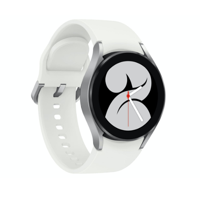 Smartwatch with white silicone band and black circular display with watch icon