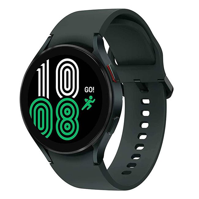 Smartwatch with dark gray band and black display with green fingerprint icons