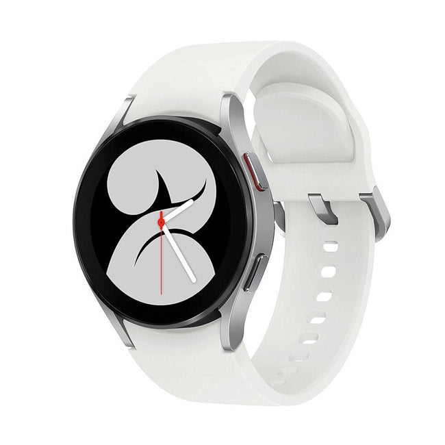 Silver smartwatch with white watch face and light-gray silicone strap