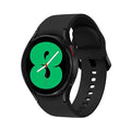 Black smartwatch with green circular watch face and black silicone strap