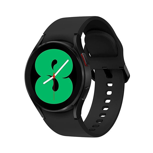 Smartwatch with black silicone band and green four-leaf display