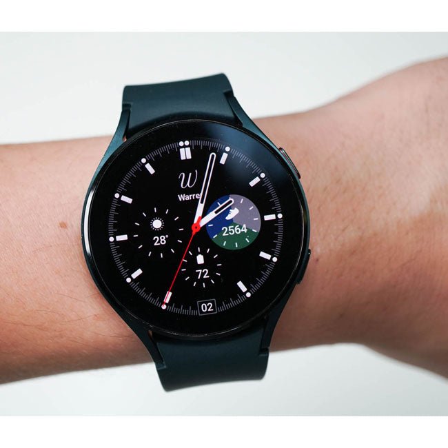 Smartwatch with black band and black display with blue and red hands