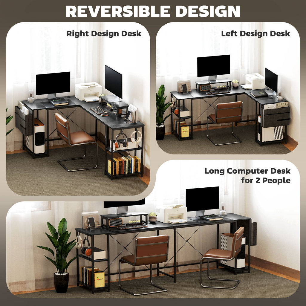 Reversible black L-shaped computer desk with adjustable shelves and storage drawer units