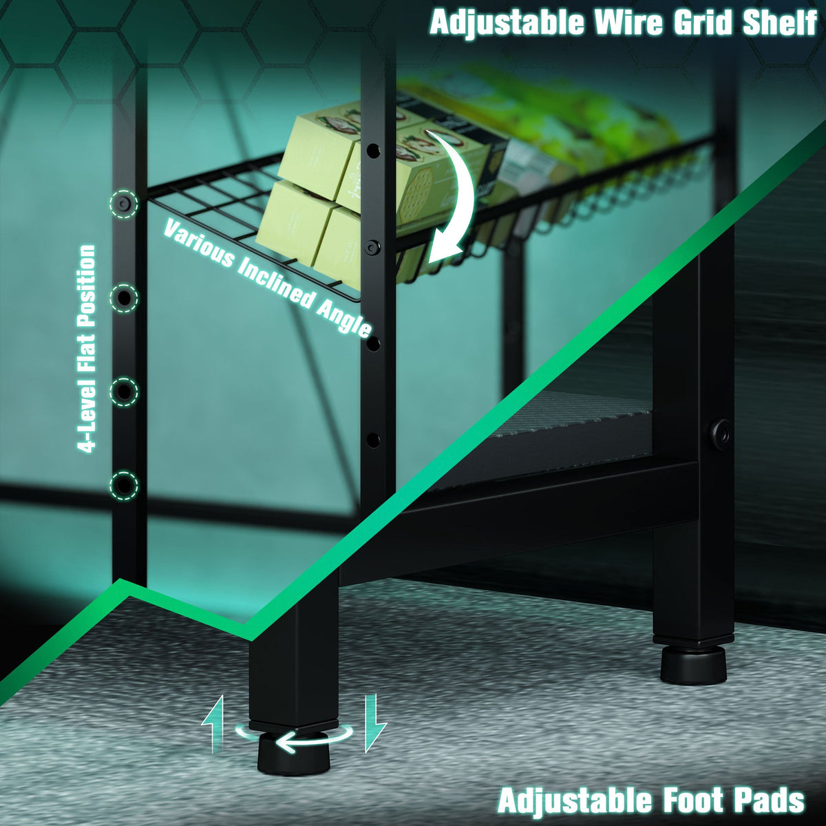 Black desk with adjustable wire grid shelf and adjustable foot pads.