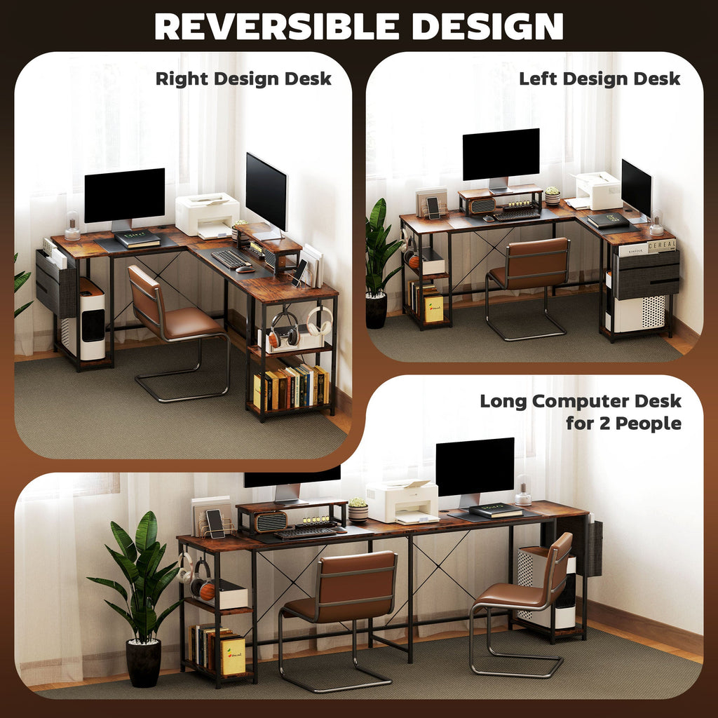 Reversible L-shaped desk showing left and right layouts with monitor stands and storage units