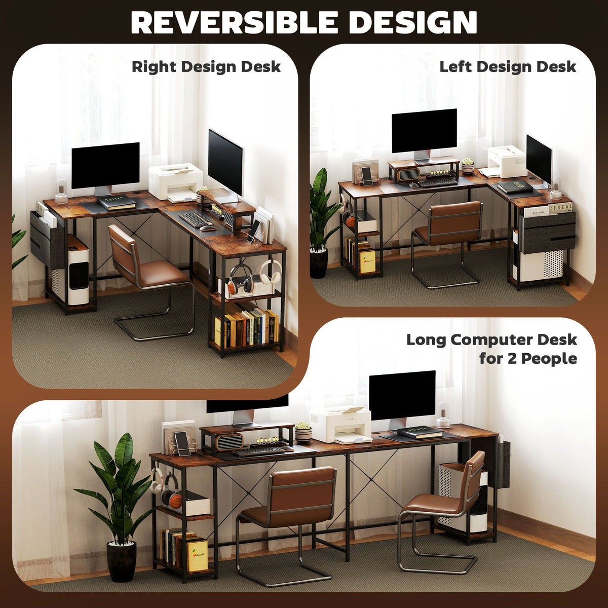 Reversible L-shaped desk showing left and right layouts with monitor stands and storage units