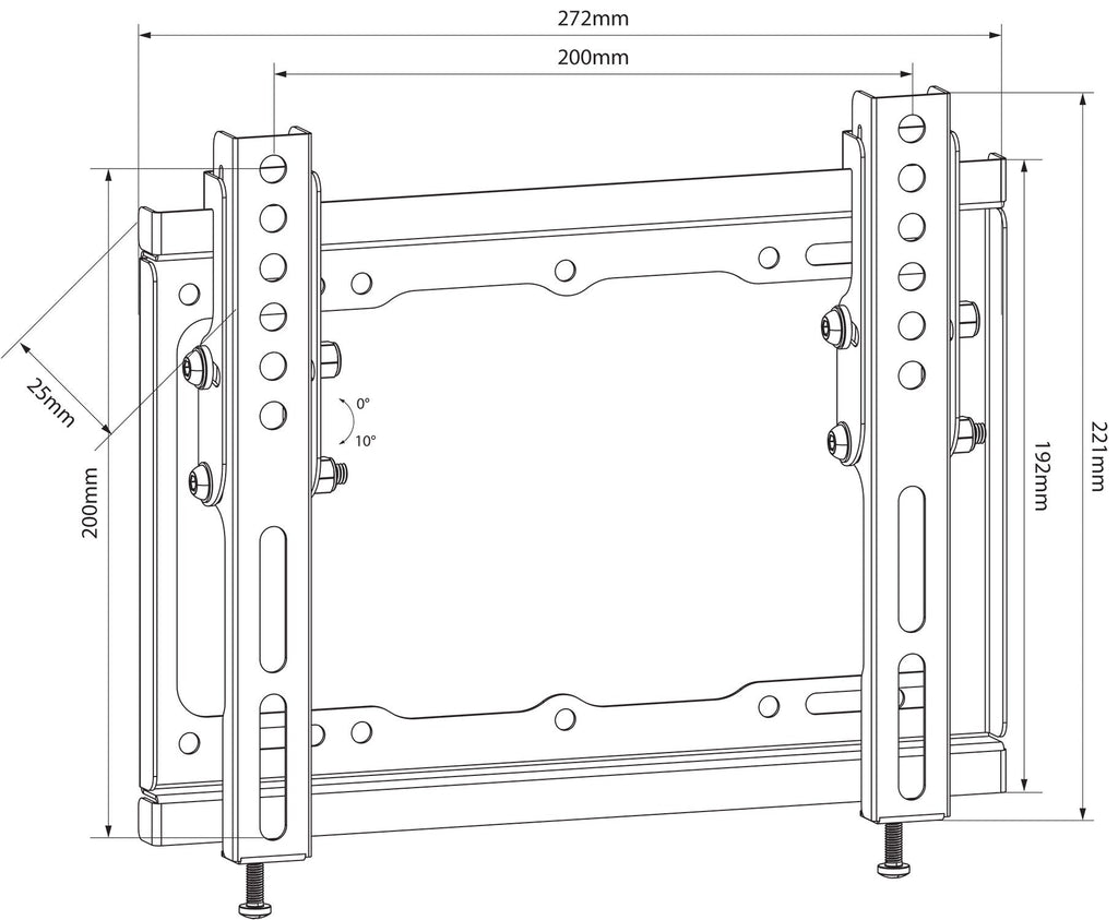 Low-profile tilting TV wall bracket dimension diagram with tilt range and measurements