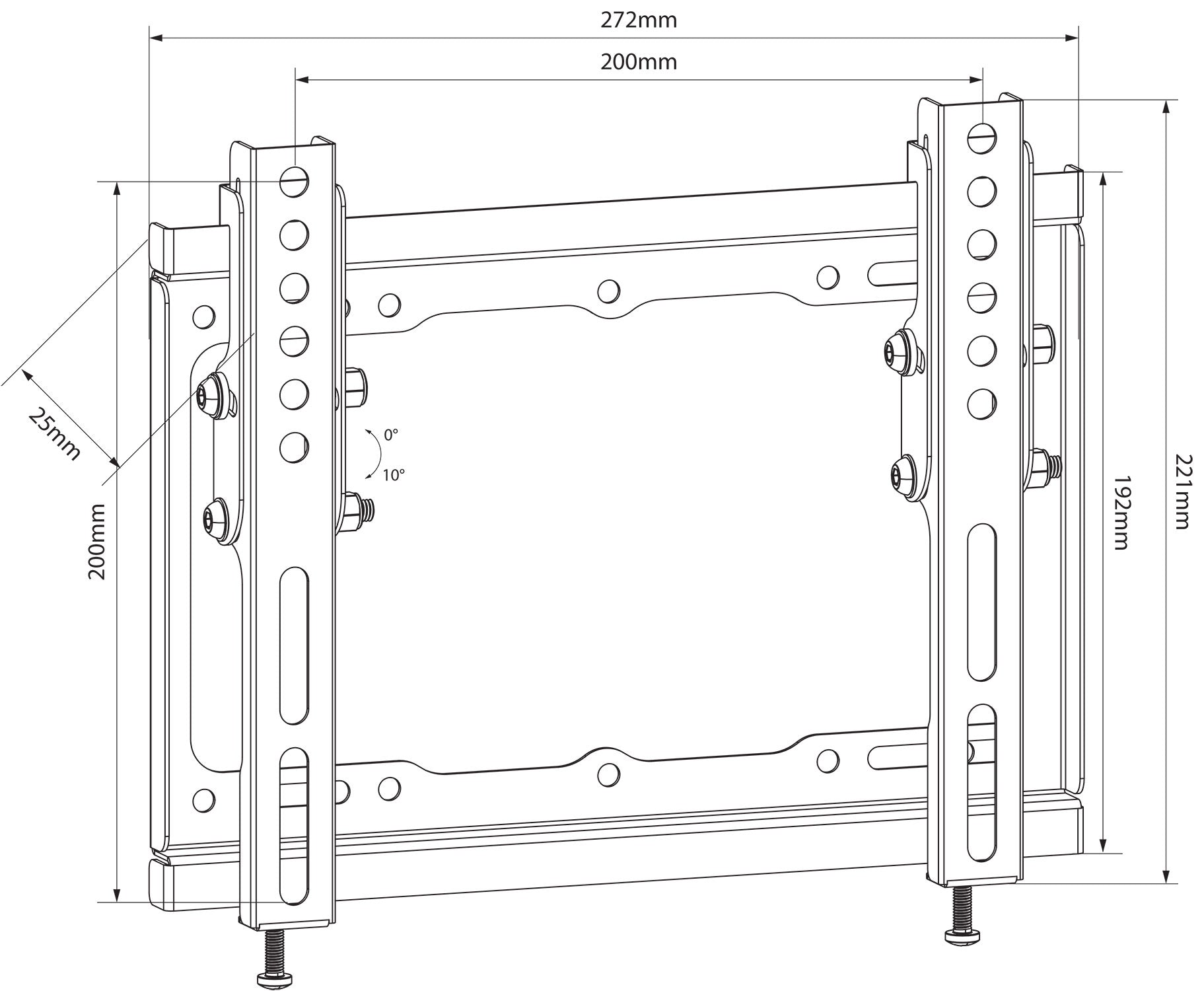 Low-profile tilting TV wall bracket dimension diagram with tilt range and measurements