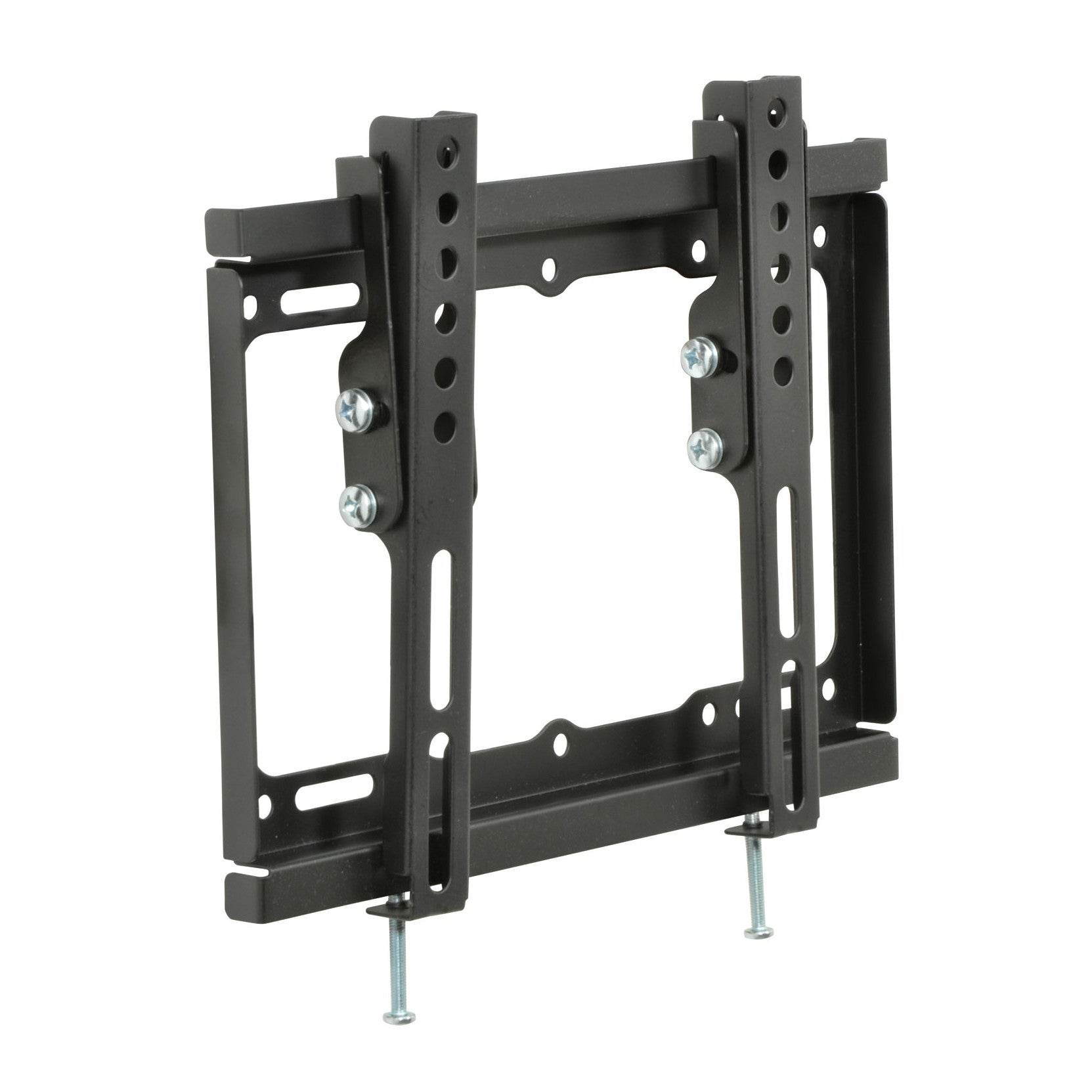 Low-profile tilting TV wall bracket in black with mounting hardware and support arms