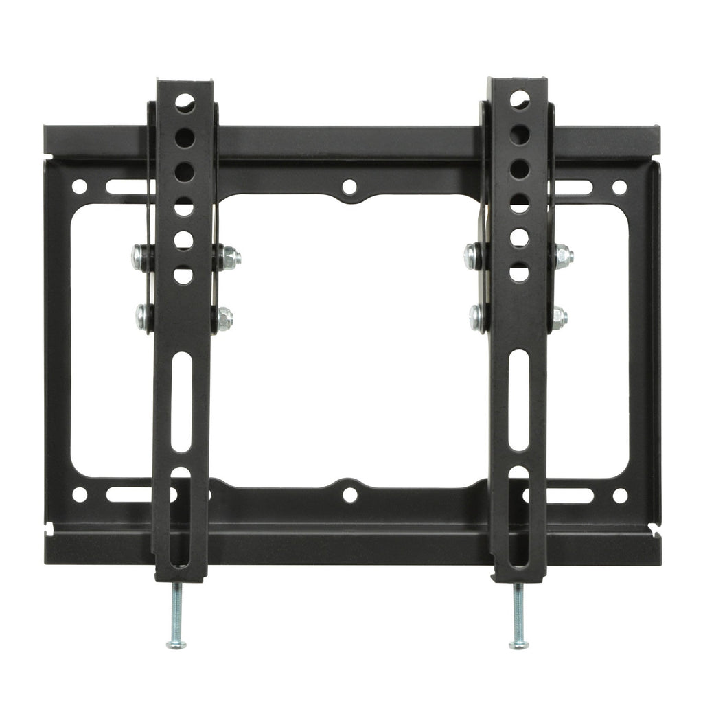 Low-profile tilting TV wall bracket, black steel frame with side rail mounting holes