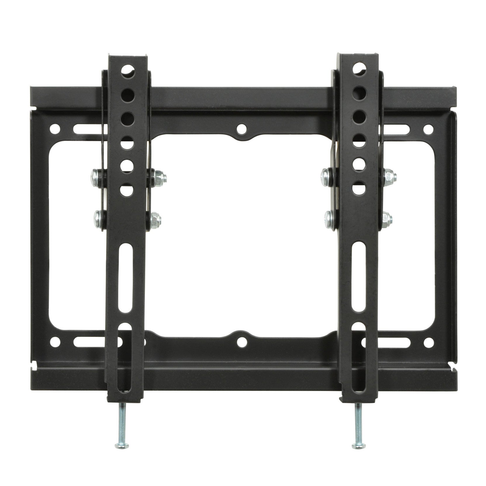Low-profile tilting TV wall bracket, black steel frame with side rail mounting holes