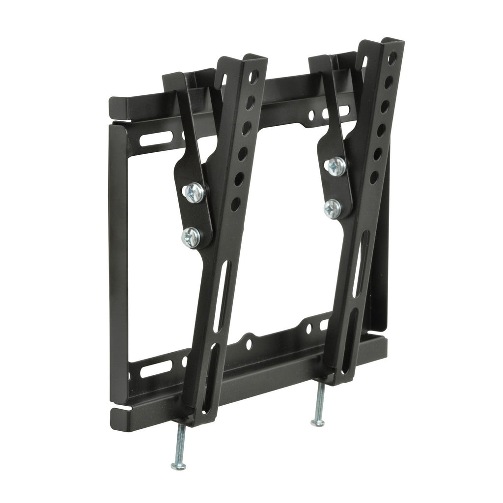 Low-profile tilting TV wall bracket with black frame, support arms, and bolt hardware