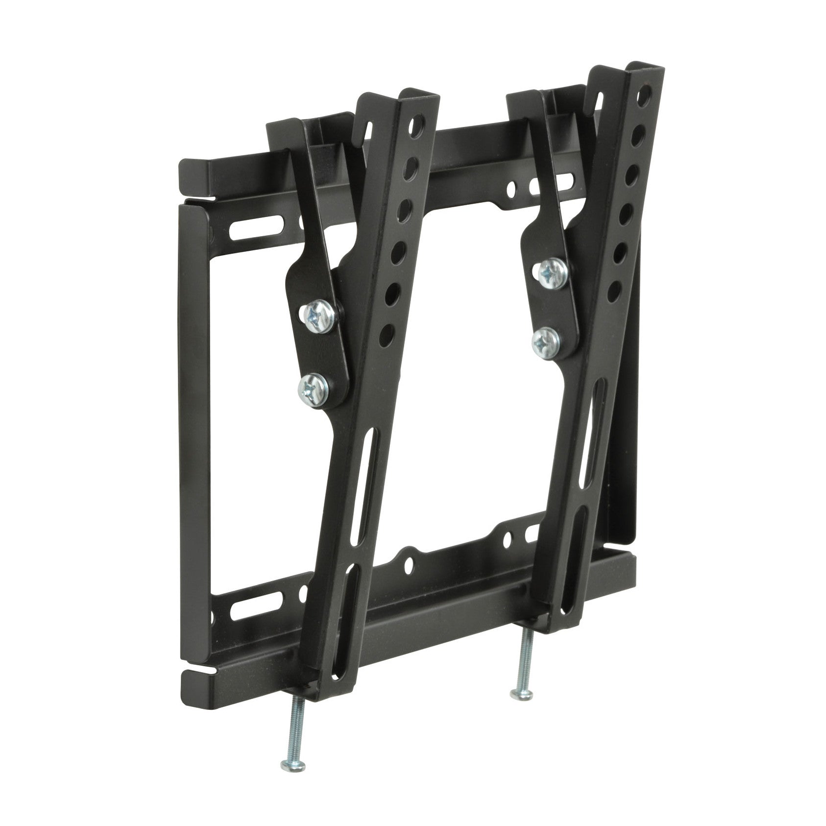 Low-profile tilting TV wall bracket with black frame, support arms, and bolt hardware