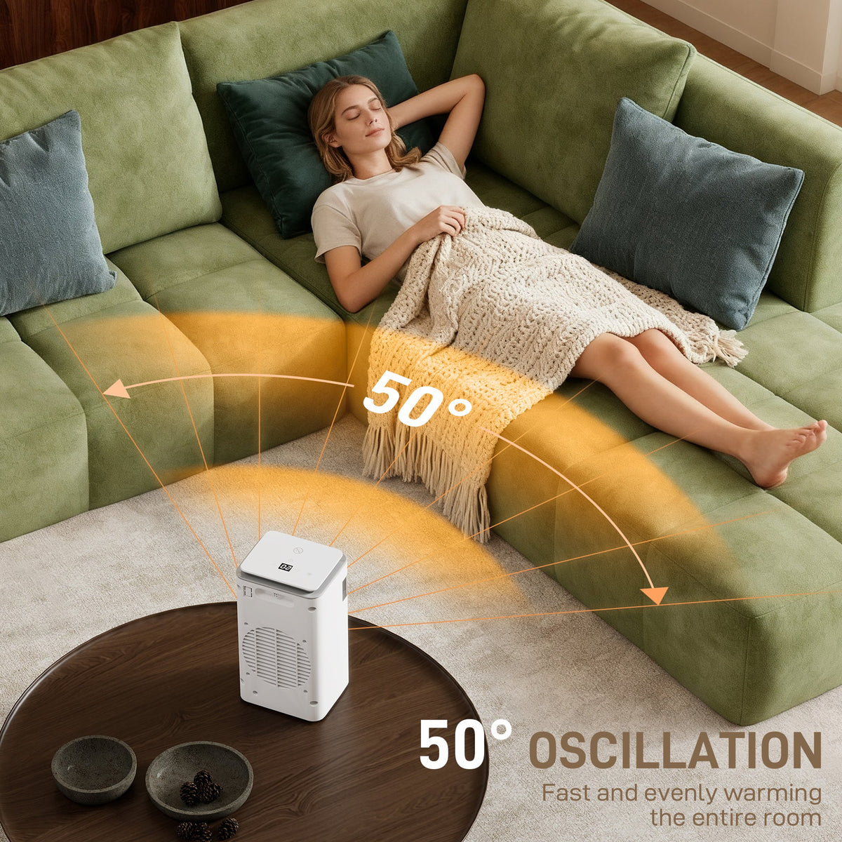 White ceramic electric heater on floor with glowing flame effect and oscillation airflow arcs