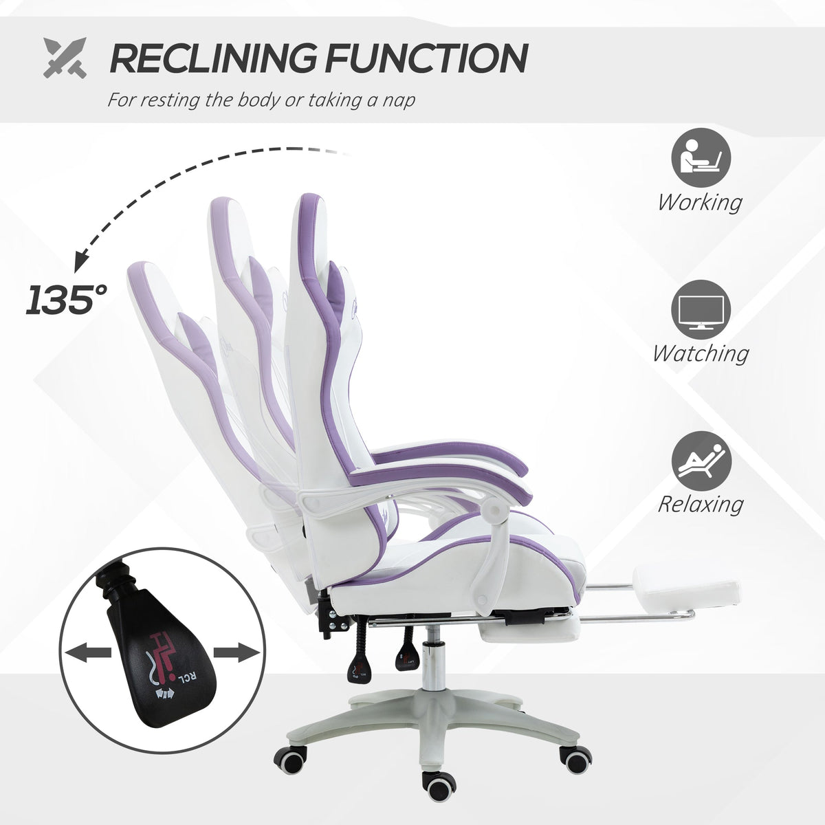 White and purple reclining gaming chair with extended footrest and padded seat
