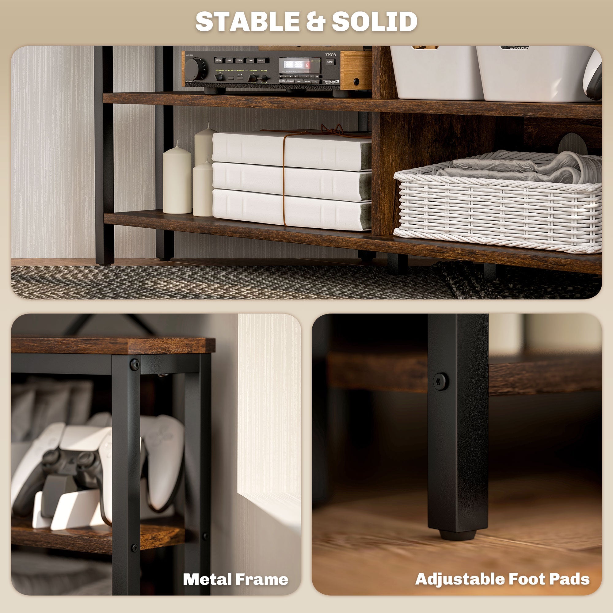TV stand with metal frame and adjustable foot pads; open shelves for media storage.