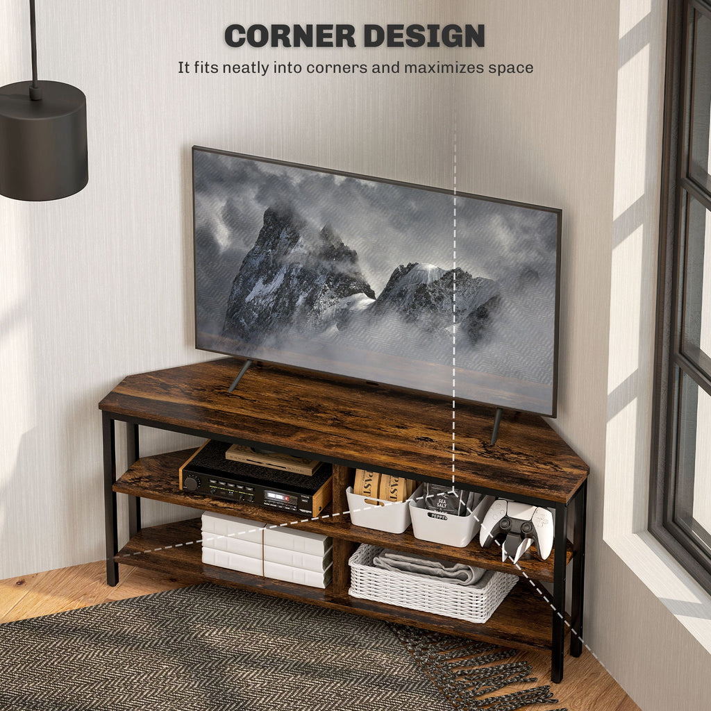 Corner TV stand with thick wood top, open shelving, and rustic brown side frame.