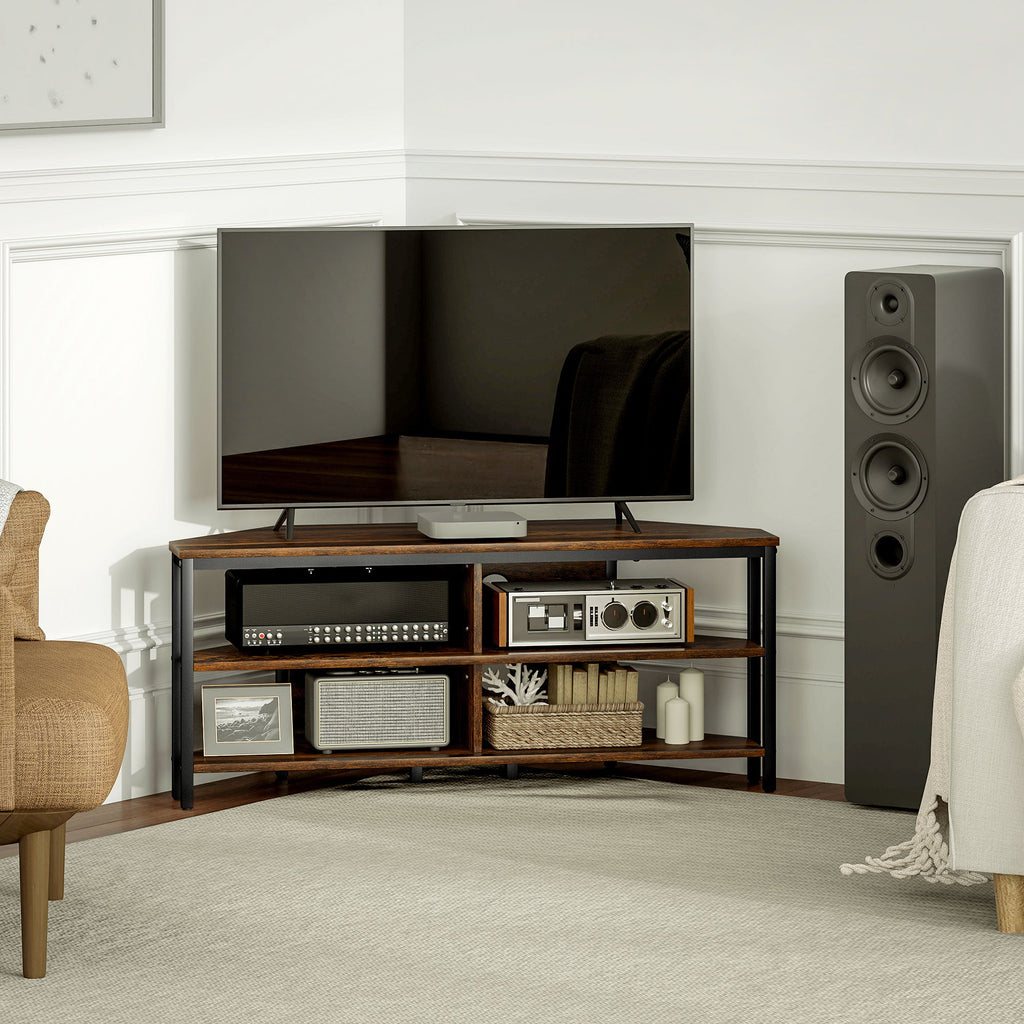 Rustic brown TV stand cabinet with open shelves, TV tabletop, and electronics storage space.