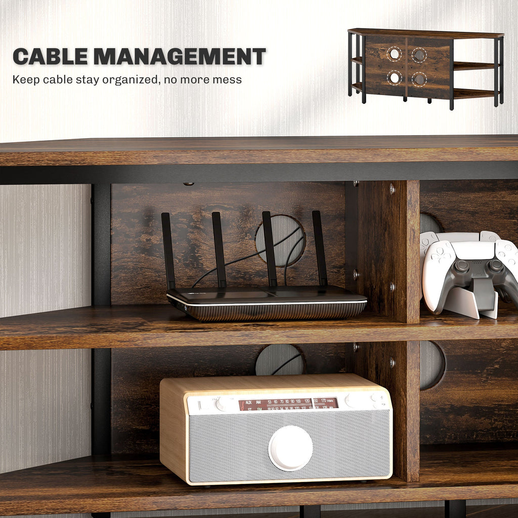 Rustic brown TV stand with cable-management area and lower shelf for console and router.