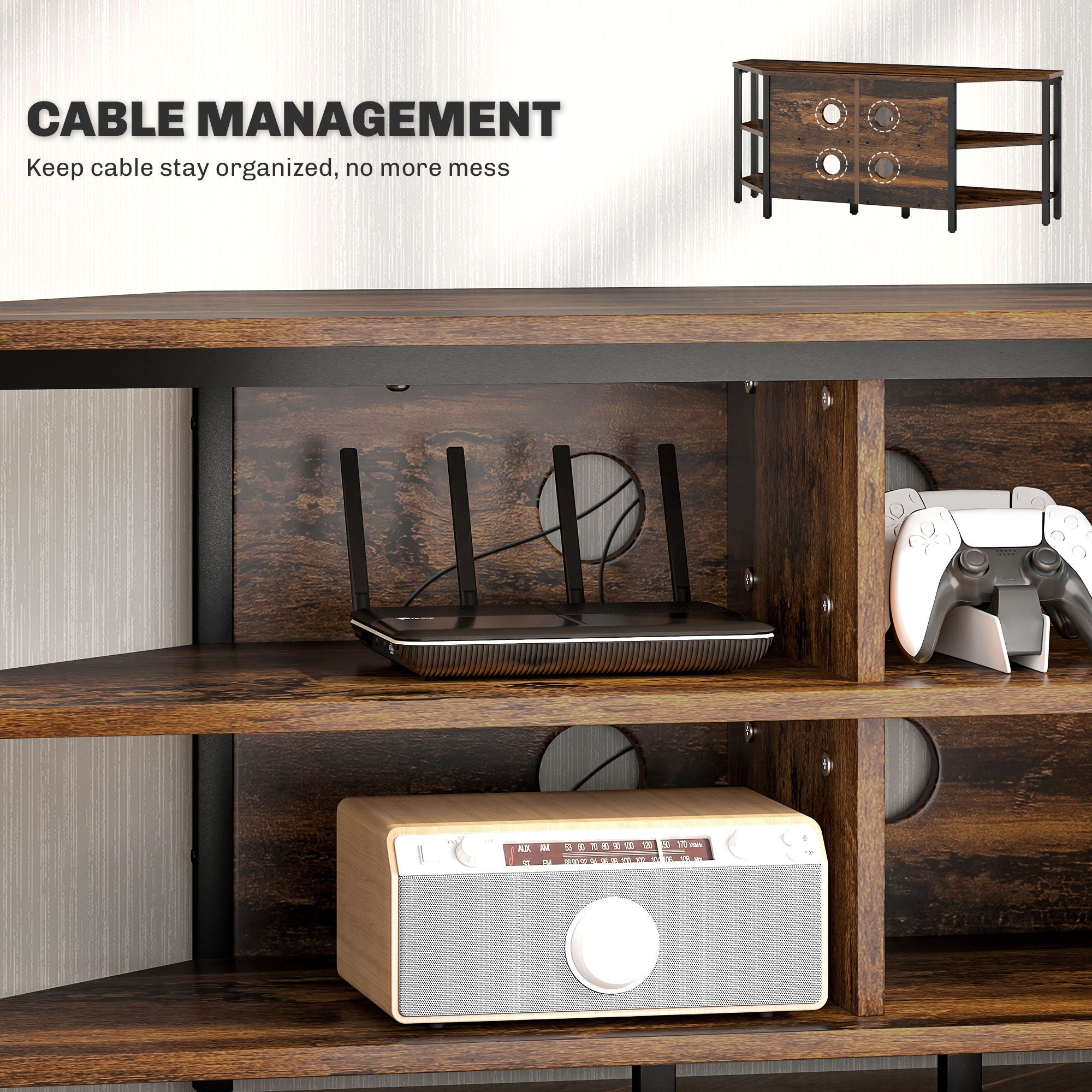 Rustic brown TV stand with cable-management area and lower shelf for console and router.