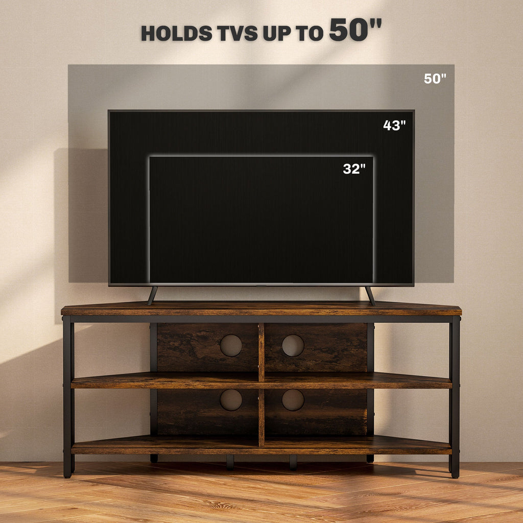 Rustic brown TV stand cabinet with two-tier open storage and central support bar.