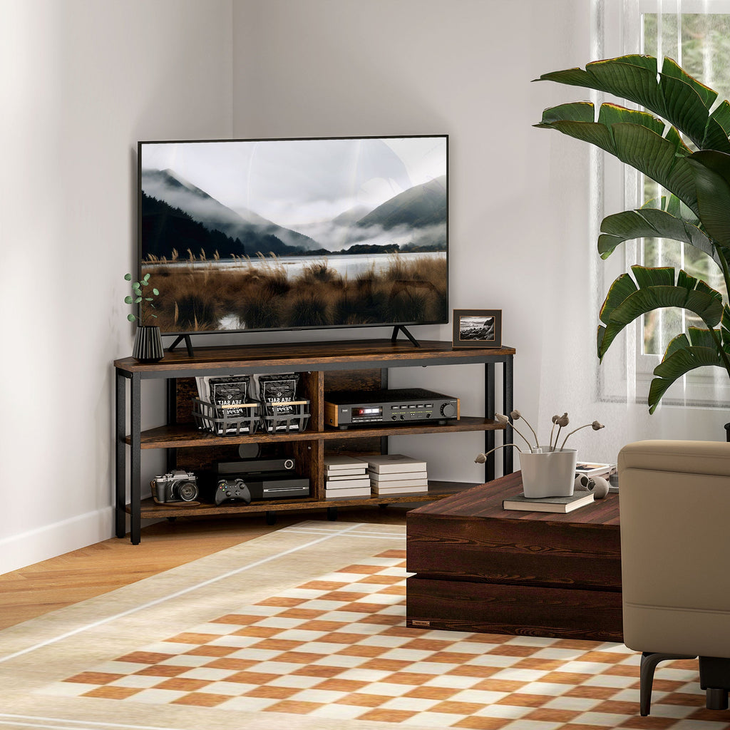 Rustic brown TV stand cabinet with open shelves and lower storage, black metal frame.