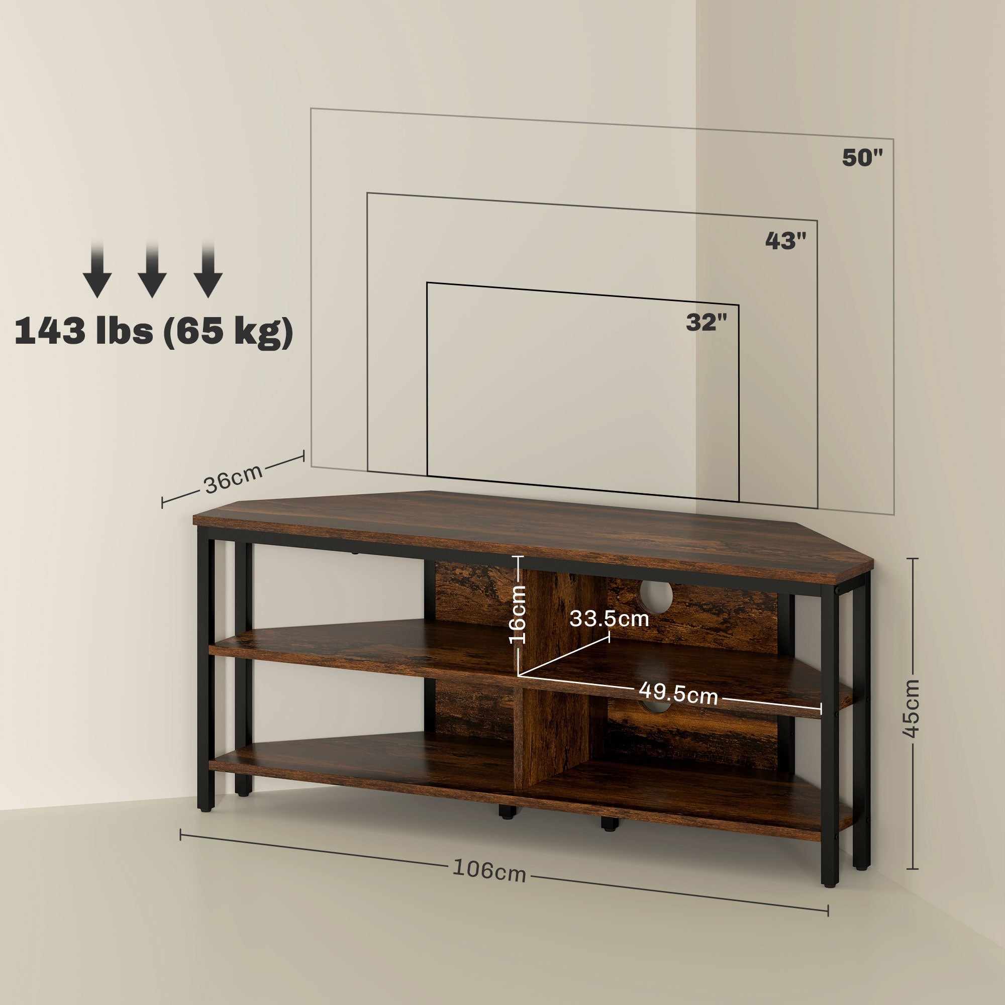 Rustic brown media console with black legs and two open shelves, size view.