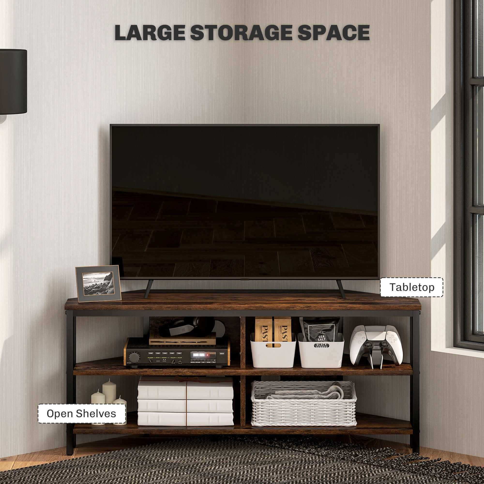 Rustic brown TV cabinet with open shelves for media and baskets under a wide top.