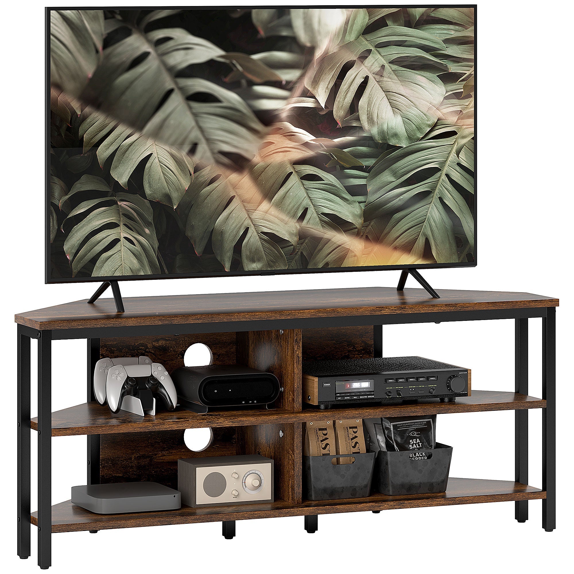 Rustic brown media console with two open shelves and central divider for electronics.
