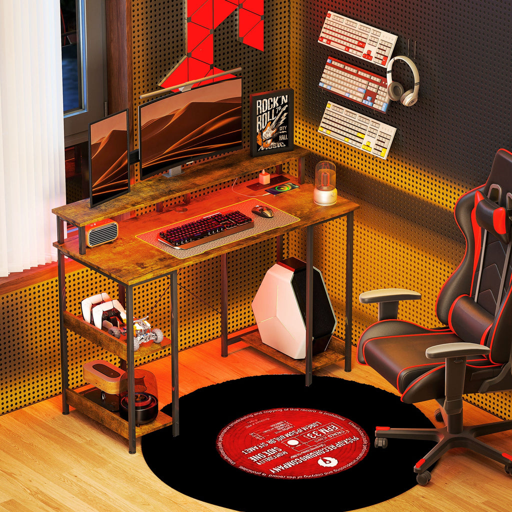 Rustic brown corner computer desk with monitor stand, storage shelves, and gaming chair