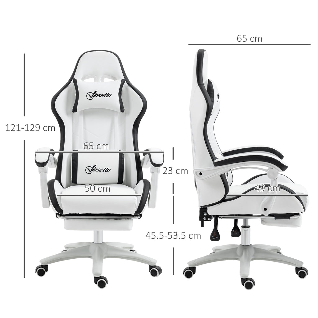 White gaming chair with black accents, front and side views, footrest and wheels.