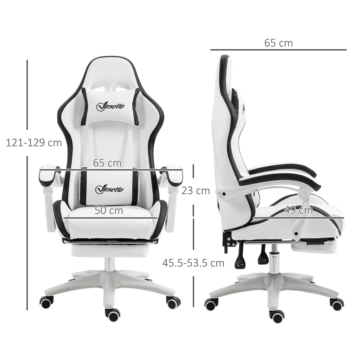 White gaming chair with black accents, front and side views, footrest and wheels.