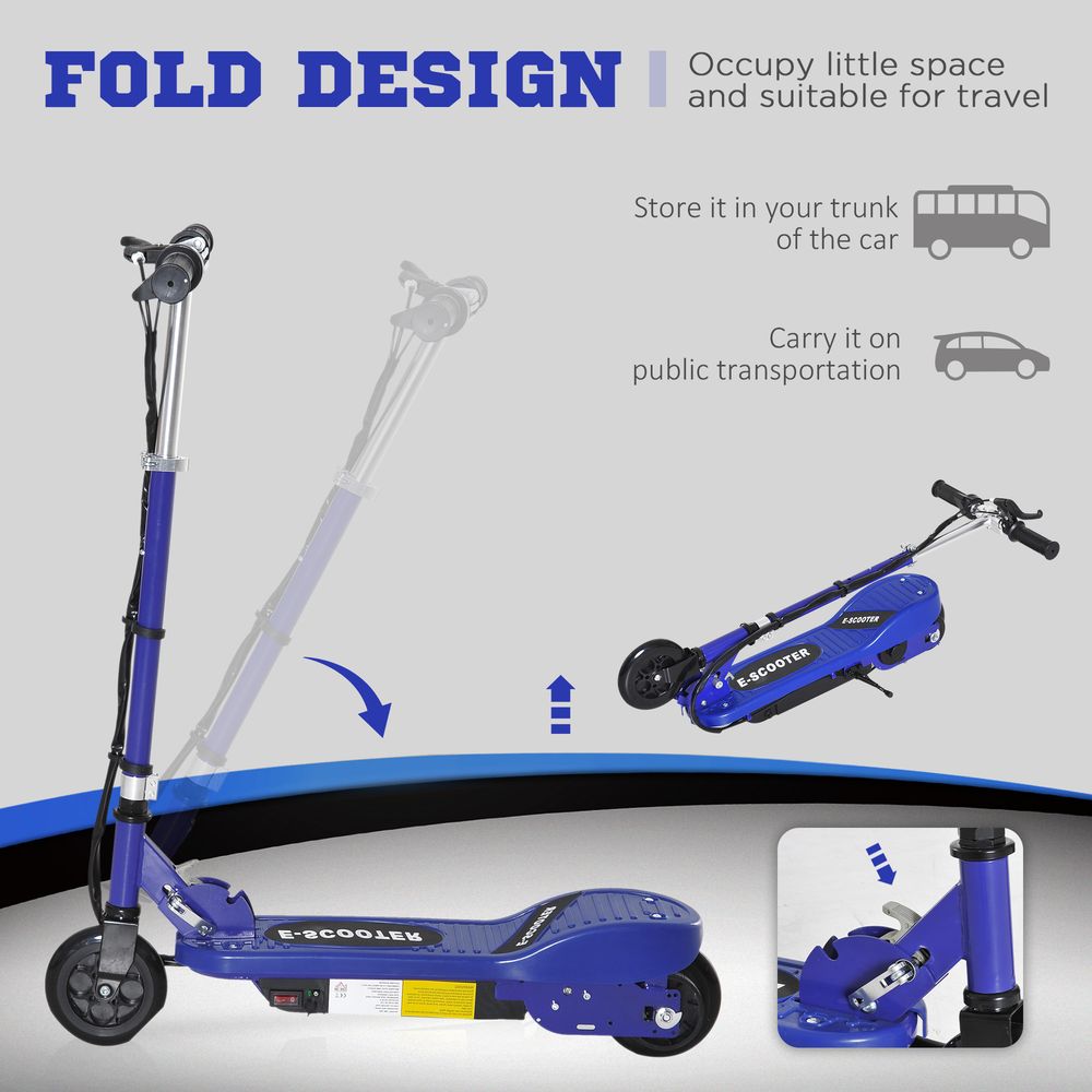 Blue foldable kids electric scooter shown in compact storage position
