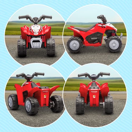 Red kids electric quad bike collage from multiple angles with black handlebar grips