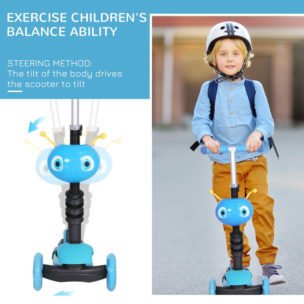 Child wearing helmet while riding a blue 3-wheel kick scooter with seat