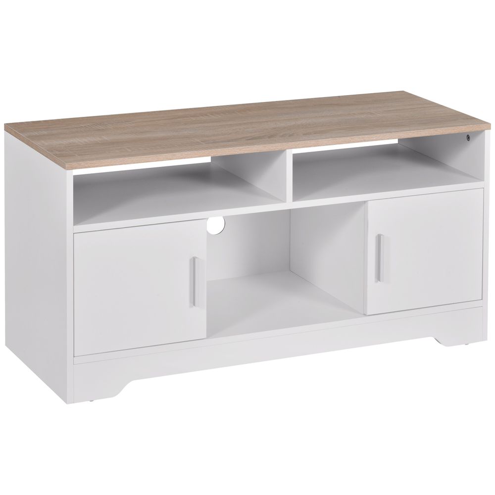 White TV stand with wood-look top, two open shelves, and two cabinet doors