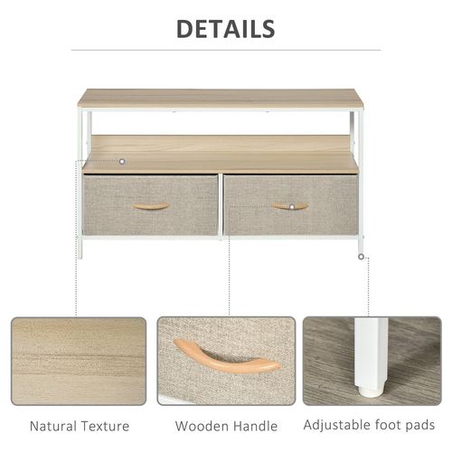 TV stand cabinet detail view: gray linen drawers with curved wooden handles and adjustable foot pads