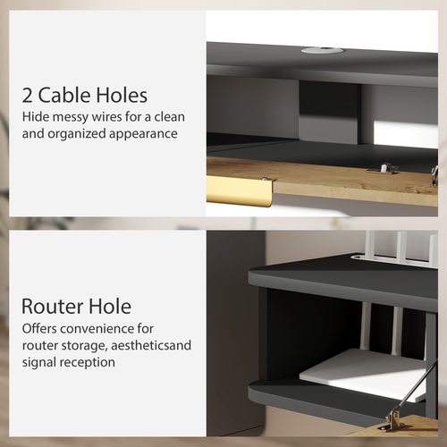 Grey floating TV unit with cable holes and router access opening
