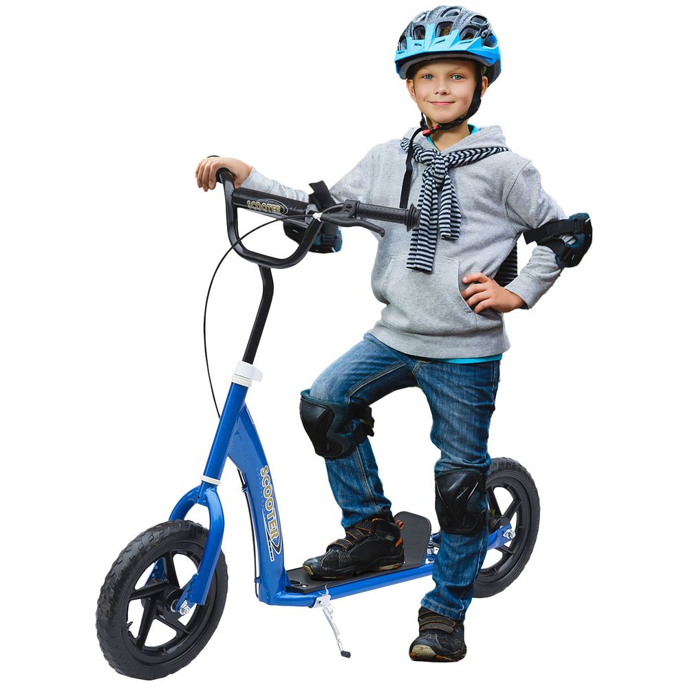 Blue ride-on stunt scooter with black handlebar, deck, and kickstand
